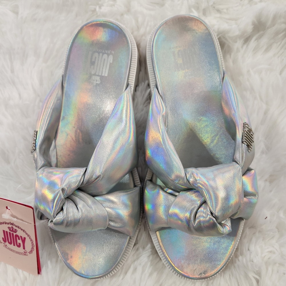 Juicy Couture Irridescent Silver J Unicorn Lug Sole Knot Detail Slides
